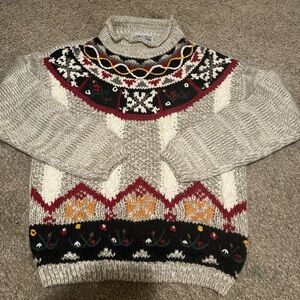 Cabin Creek Cream Knit Sweater Grandma Vintage Embroidered Pullover Petite